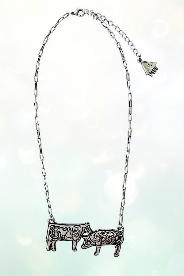 WESTERN ETCHED COW AND PIG PENDANT NECKLACE