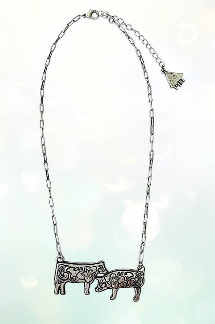 WESTERN ETCHED COW AND PIG PENDANT NECKLACE