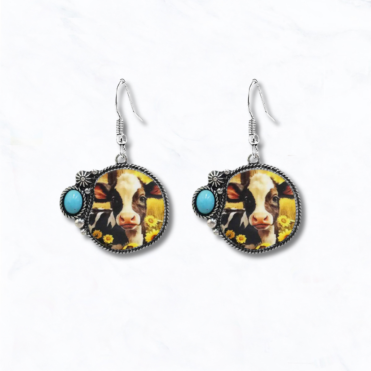 Western Sunflower Cow Portrait Drop Earrings