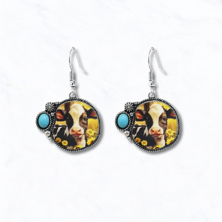 Western Sunflower Cow Portrait Drop Earrings