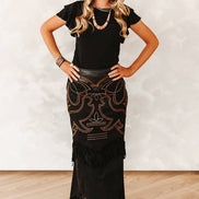 Black Boot Stitch Suede Fringe Skirt W Leather Upper Yoke: M