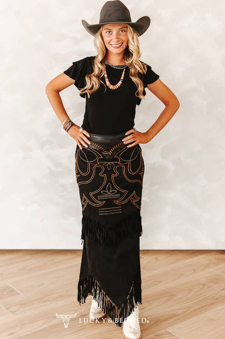 Black Boot Stitch Suede Fringe Skirt W Leather Upper Yoke: M