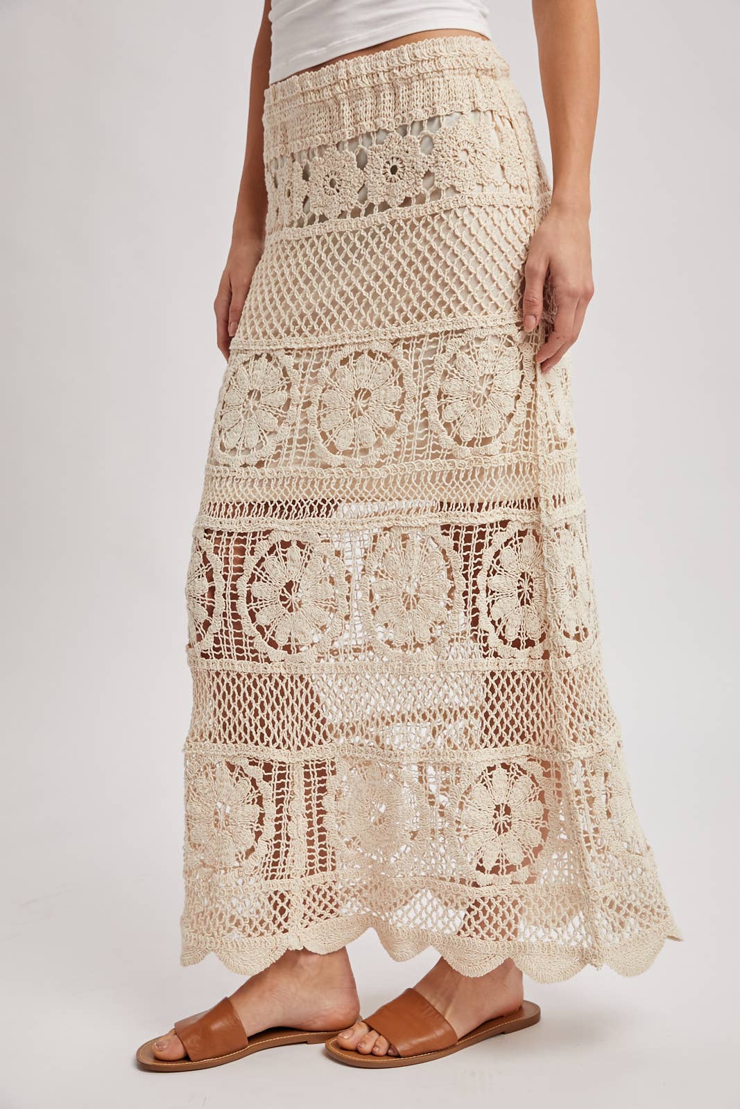 SHEER CROCHET KNIT MIDI SKIRT WITH LINING: NATURAL / S