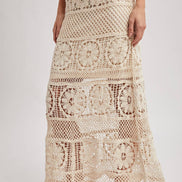 SHEER CROCHET KNIT MIDI SKIRT WITH LINING: NATURAL / L
