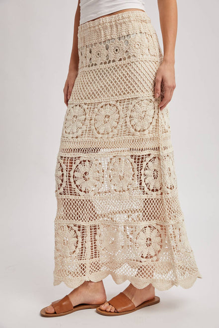 SHEER CROCHET KNIT MIDI SKIRT WITH LINING: NATURAL / L