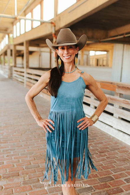 Teal Western Fringe Sleeveless Mini Dress