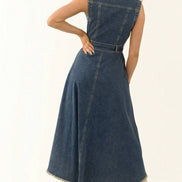 Retro Western Sleeveless Irregular Raw Hem Denim Dress