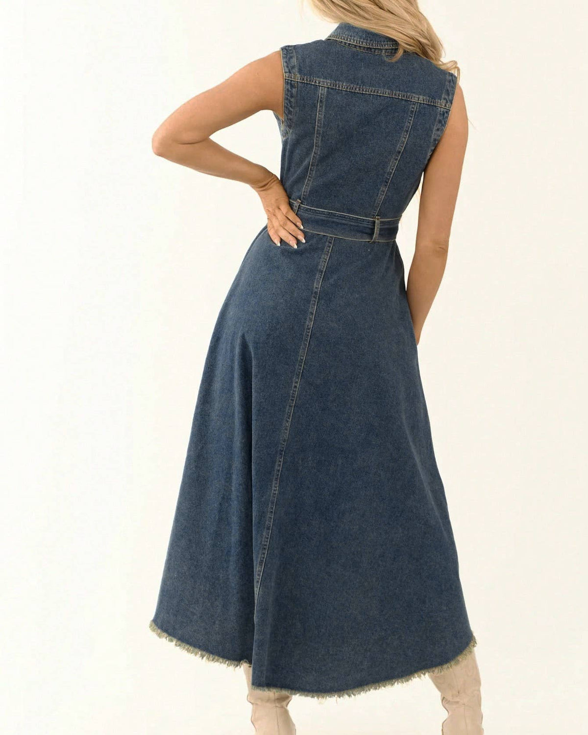 Retro Western Sleeveless Irregular Raw Hem Denim Dress