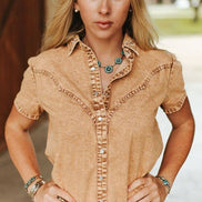 Camel Stretch Denim Pearl Cowgirl and Bow Embroidered Shirt