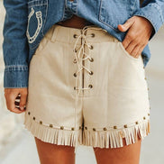 Sand Suede Fringe Hem Vintage Gold Studded Eyelet Shorts
