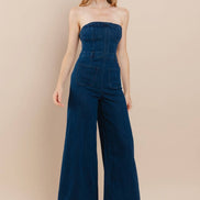OFF SHOULDER WIDE LEG DENIM JUMPSUIT - 4406 DK DEN
