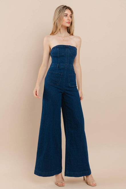OFF SHOULDER WIDE LEG DENIM JUMPSUIT - 4406 DK DEN