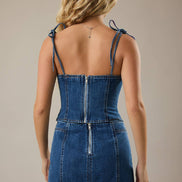 SHOULDER TIE CORSET DENIM TOP: DENIM / XS