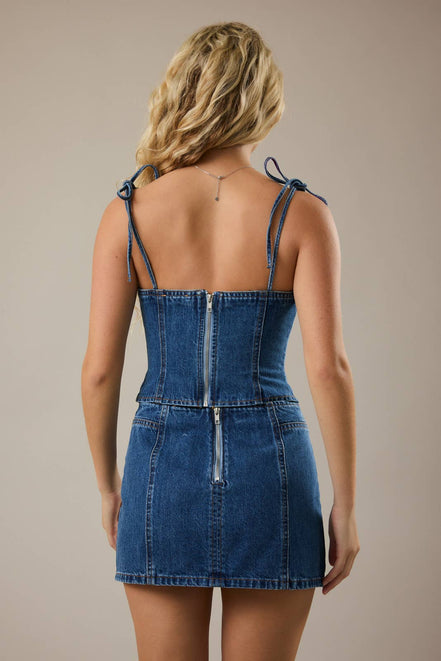 SHOULDER TIE CORSET DENIM TOP: DENIM / M