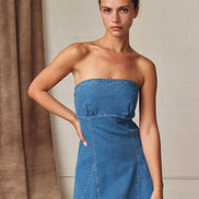 PD19530 Strapless Denim Tie Back Mini Dress