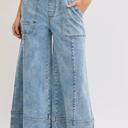 WIDE-LEG DENIM OVERALL JUMPSUIT: DENIM BLUE / Contemporary / L