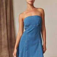 PD19530 Strapless Denim Tie Back Mini Dress
