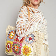 Crochet Squares Tote Bag: NATURAL MULTI / OS