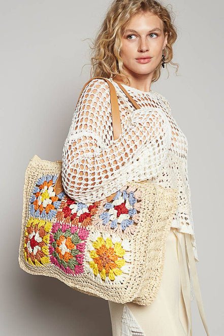 Crochet Squares Tote Bag: NATURAL MULTI / OS