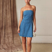 PD19530 Strapless Denim Tie Back Mini Dress