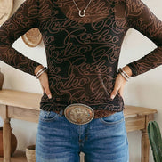 LDC Western Rodeo Printed Mock Neck Long Sleeve Mesh Top