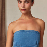 PD19530 Strapless Denim Tie Back Mini Dress