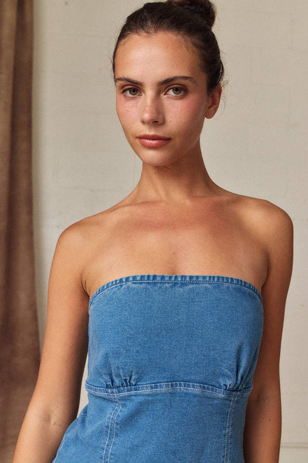 PD19530 Strapless Denim Tie Back Mini Dress
