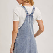 DENIM OVERALL MINI DRESS WITH POCKETS: MED.WASH / S