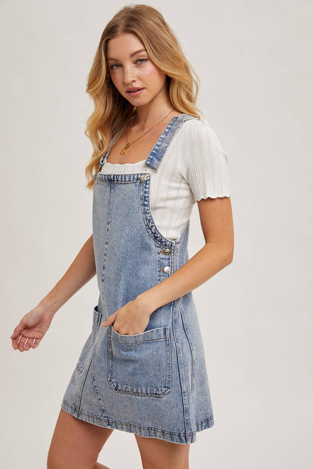 DENIM OVERALL MINI DRESS WITH POCKETS: MED.WASH / L