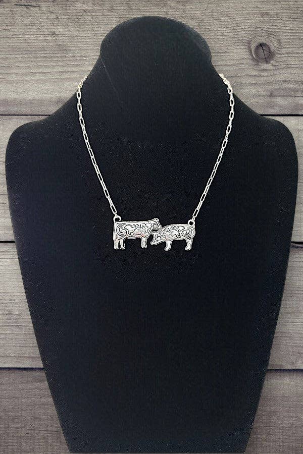 WESTERN ETCHED COW AND PIG PENDANT NECKLACE