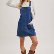 DENIM OVERALL MINI DRESS WITH POCKETS: MED.WASH / M
