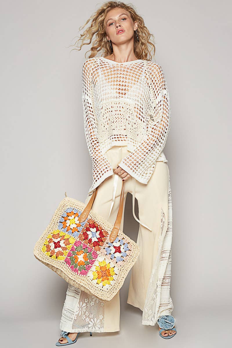 Crochet Squares Tote Bag: NATURAL MULTI / OS