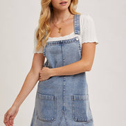 DENIM OVERALL MINI DRESS WITH POCKETS: MED.WASH / M