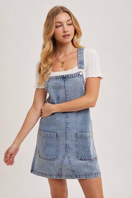 DENIM OVERALL MINI DRESS WITH POCKETS: MED.WASH / M