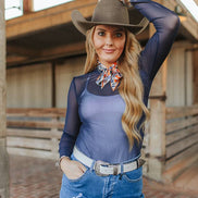 Navy Mesh Ruched Mock Neck Long Sleeve Top