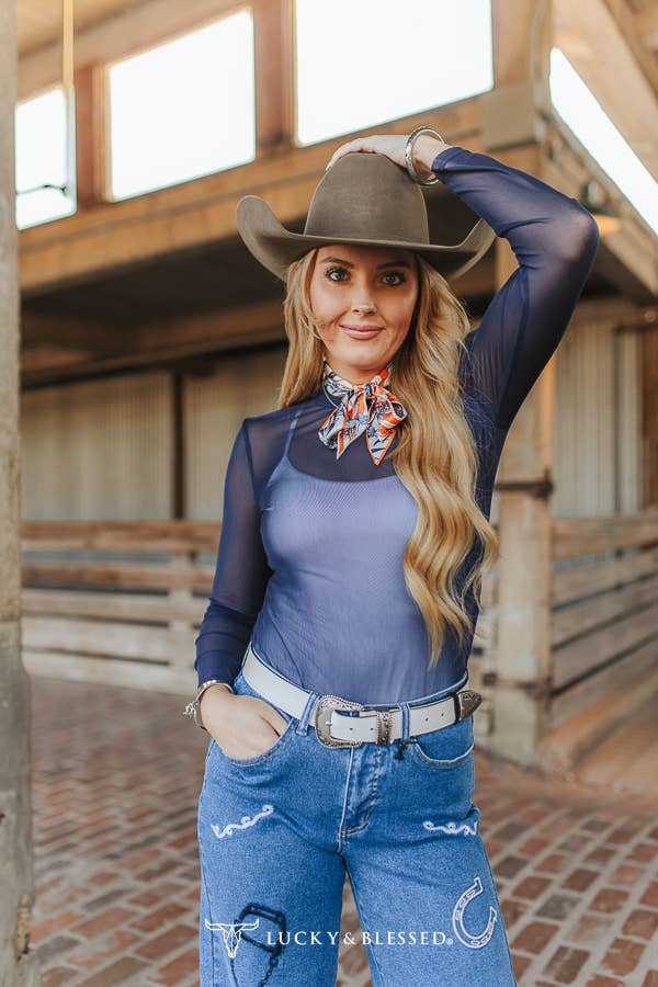 Navy Mesh Ruched Mock Neck Long Sleeve Top