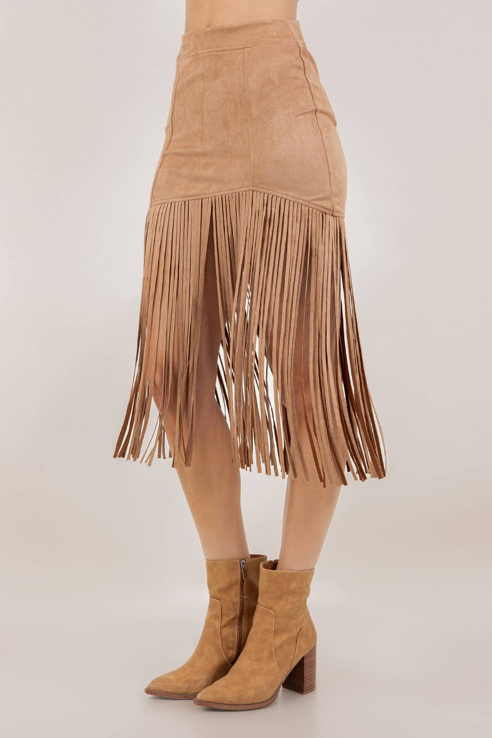SIS1231A TAN FRINGED FAUX SUEDE SKIRT