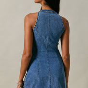 HALTER NECK BUTTON DOWN DENIM MINI DRESS: DENIM / XS