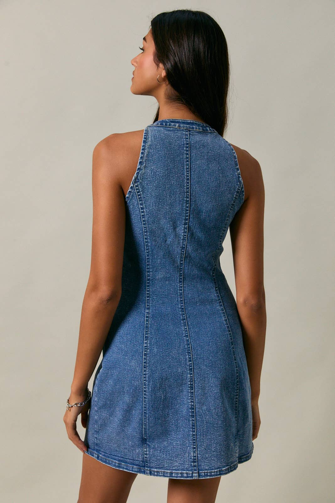 HALTER NECK BUTTON DOWN DENIM MINI DRESS: DENIM / XS