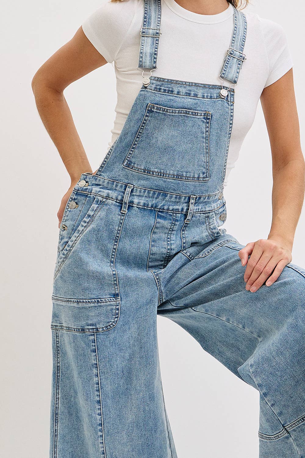 WIDE-LEG DENIM OVERALL JUMPSUIT: DENIM BLUE / Contemporary / L