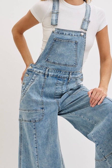 WIDE-LEG DENIM OVERALL JUMPSUIT: DENIM BLUE / Contemporary / S
