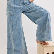 WIDE-LEG DENIM OVERALL JUMPSUIT: DENIM BLUE / Contemporary / S