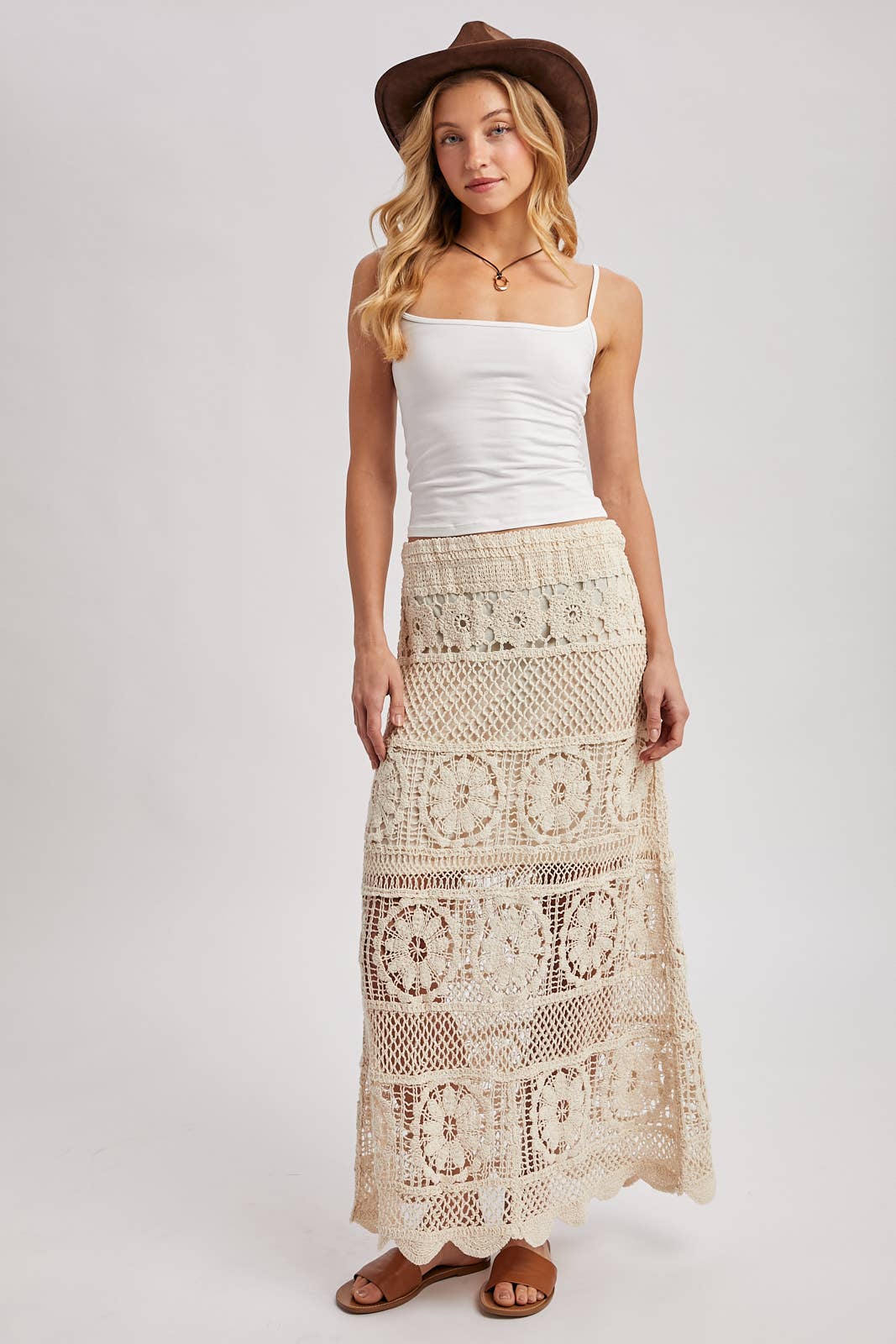 SHEER CROCHET KNIT MIDI SKIRT WITH LINING: NATURAL / M