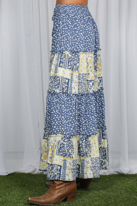 Patchwork Floral Print Bohemian-Inspired Maxi Skirt VS83203: Blue / S