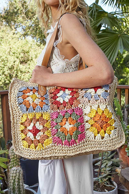 Crochet Squares Tote Bag: NATURAL MULTI / OS