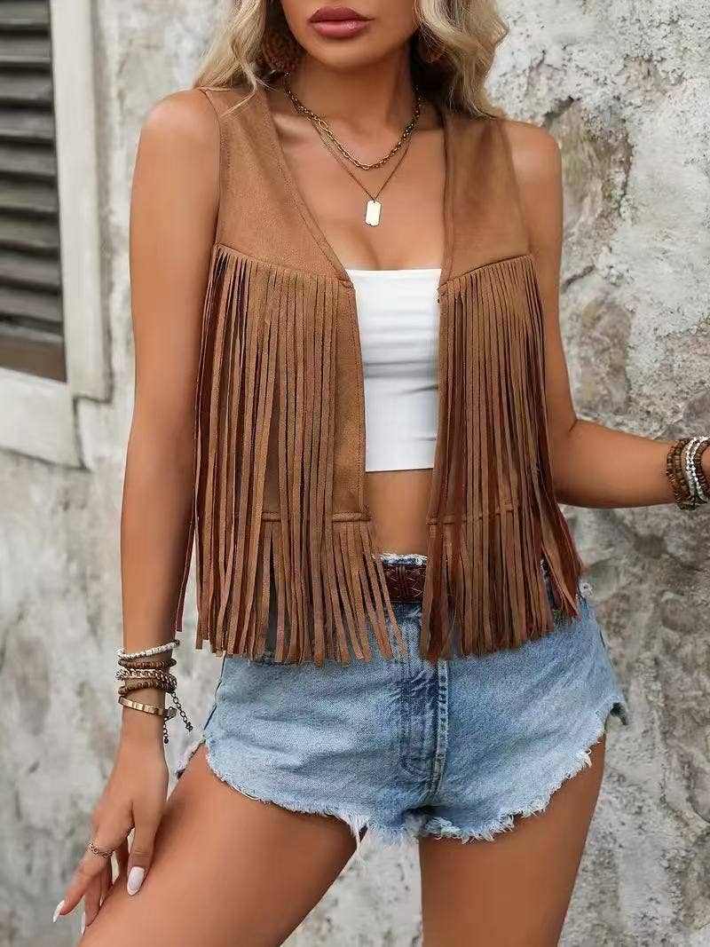 Rustic Western Fringe Open Front Vest