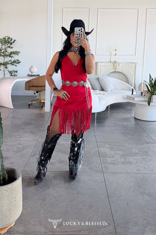 Red Buckstitch Stretch Suede Dress
