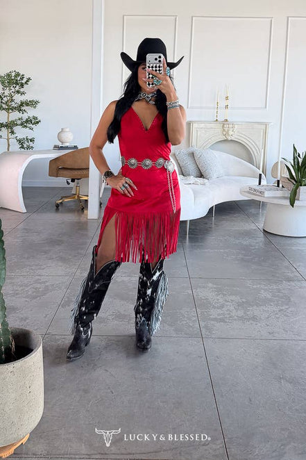 Red Buckstitch Stretch Suede Dress