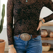 LDC Western Rodeo Printed Mock Neck Long Sleeve Mesh Top
