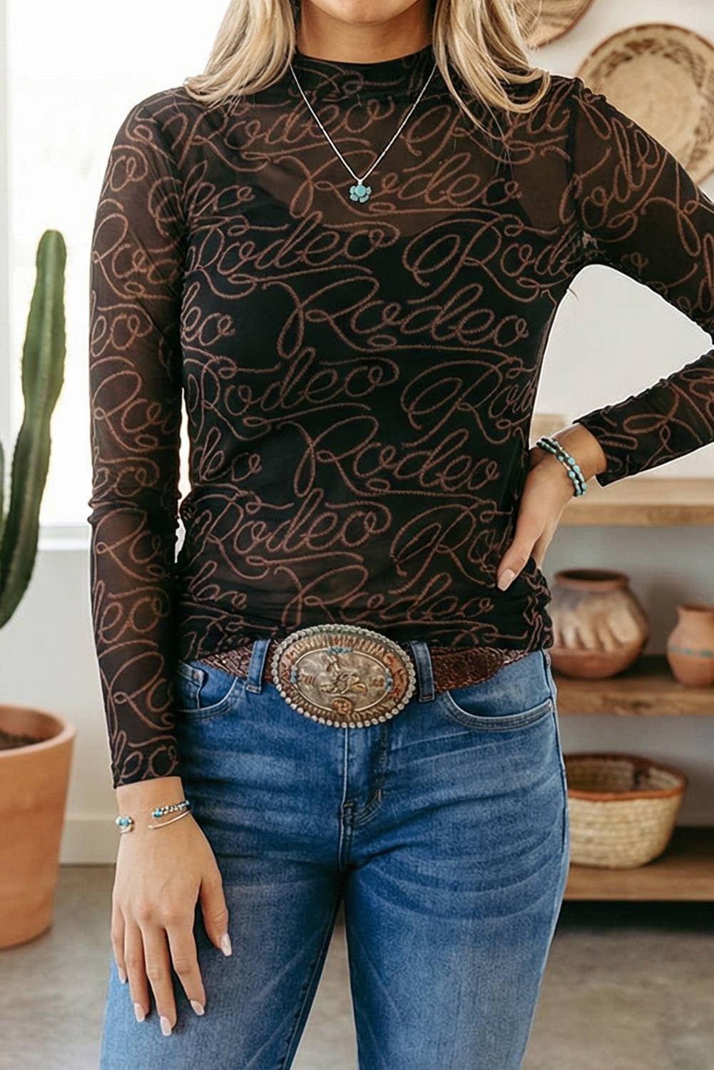 LDC Western Rodeo Printed Mock Neck Long Sleeve Mesh Top